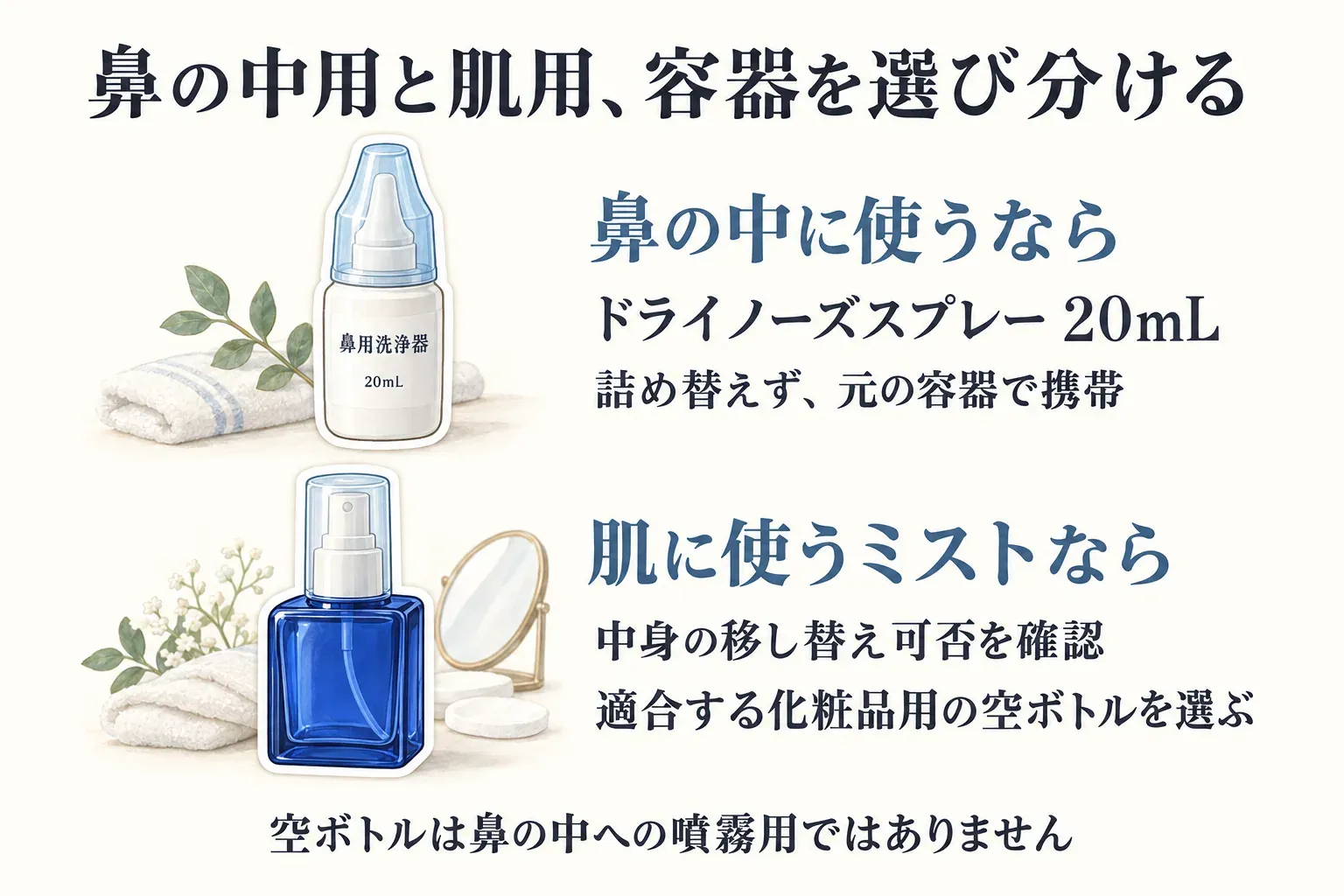 鼻の中に使うドライノーズスプレー20mLは詰め替えず元の容器で携帯し、肌用ミストは中身の移し替え可否を確認して適合する化粧品用の空ボトルを選ぶことを、白い鼻用洗浄器と青い角型スプレーボトルで比較した図。空ボトルは鼻の中への噴霧用ではない。日本臓器製薬の公式製品情報と記事で確認した商品説明をもとに整理。