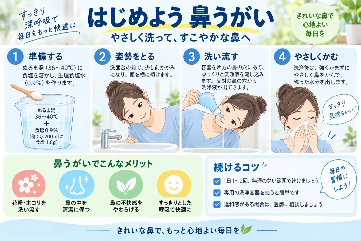 鼻うがいの基本手順として、36〜40℃のぬるま湯に食塩を溶かして生理食塩水を作り、洗面台の前で少し前かがみになって片方の鼻へ洗浄液を流し、洗浄後は強くかまずにやさしく鼻をかむ流れを、イラストで示した図。使用回数や容器は手元の取扱説明書を確認するよう案内している。