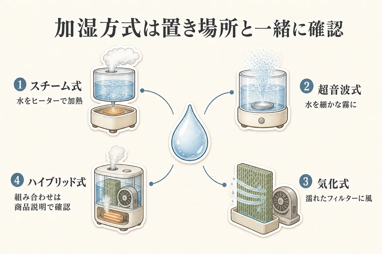 加湿方式の違いとして、スチーム式はヒーターで水を加熱、超音波式は水を微細な霧に、気化式は濡れたフィルターに風を当て、ハイブリッド式は気化式と温風気化式を組み合わせることを示した図。出典：NITE、ダイニチ工業。