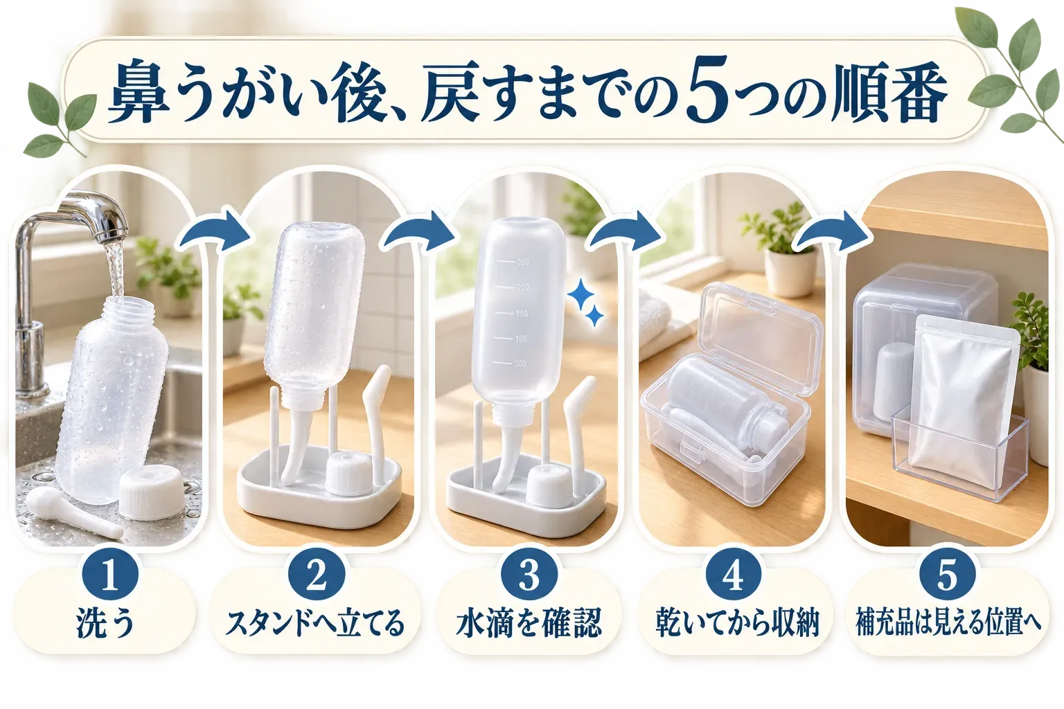 鼻うがい後にボトルを洗い、スタンドへ立て、水滴がないことを確認してから収納し、洗浄液などの補充品は見える位置へ置く5段階の洗面所での動線を示した図。