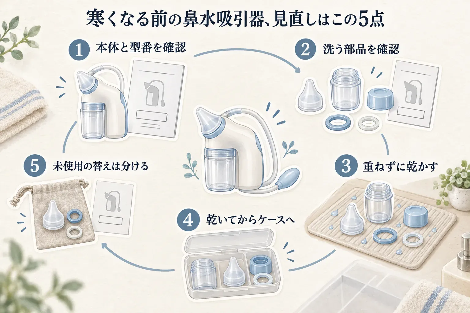 寒くなる前の鼻水吸引器の見直しとして、本体と型番、洗う部品、部品を重ねずに乾かす場所、乾いた後にケースへ戻すこと、未使用の替えノズルとパッキンを分けることの5点を、鼻水吸引器・取扱説明書・水切りトレー・収納ケースのイラストで示した図。