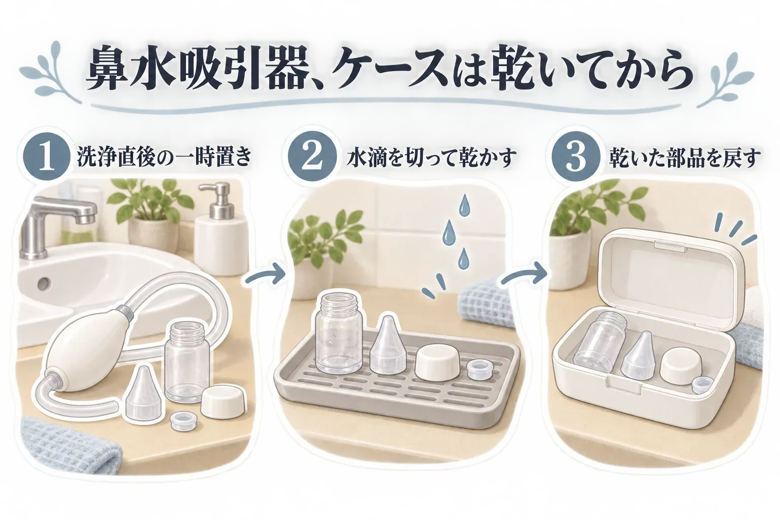 鼻水吸引器は、洗浄直後の部品を洗面所に一時置きし、水滴を切って水切りトレーで乾かしてから、乾いた部品だけを収納ケースへ戻す3段階を、ノズル・ボトル・チューブ・パッキンのイラストで示した図。