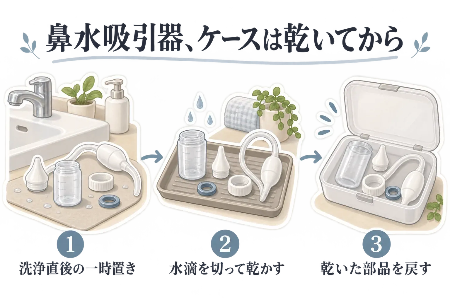 鼻水吸引器は洗浄直後に洗面所へ一時置きし、水滴を切って部品を乾かし、乾いた部品を収納ケースへ戻す順番を、ノズル・ボトル・チューブ・パッキン・水切りトレー・ケースのイラストで示した図。