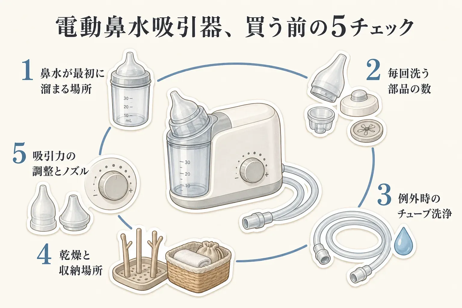 電動鼻水吸引器を選ぶ際の5つの確認点を、鼻水が溜まる場所、毎回洗う部品、例外時のチューブ洗浄、乾燥と収納場所、吸引力の調整とノズルの順に示した図。