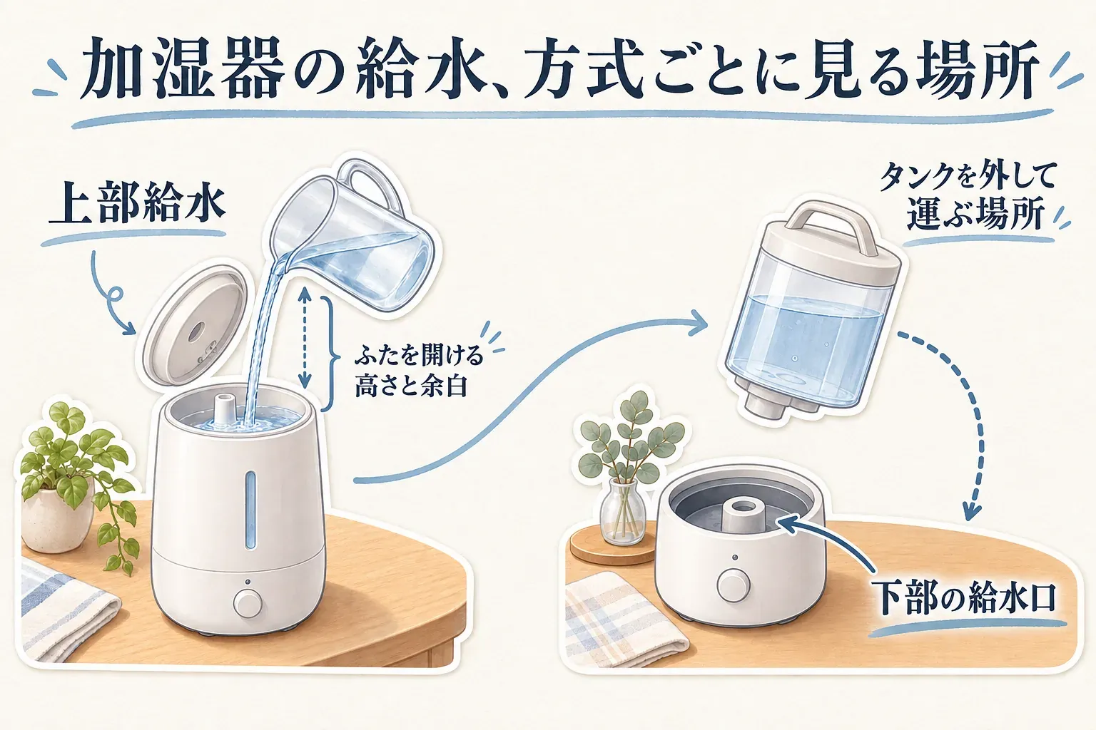 上部給水と下部給水の給水動線を比較した図。上部給水は本体上部のふたを開ける高さと水を注ぐ余白、下部給水はタンクを外して運び給水口から注ぐための移動経路を確認し、どちらも水交換・排水・手入れが必要と示している。
