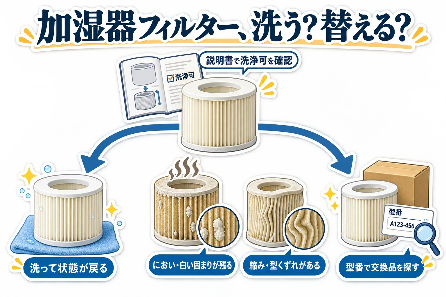 加湿器フィルターについて、説明書で洗浄可能かを確認し、洗って状態が戻れば再利用、におい・白い固まり・縮み・型くずれが残れば型番で交換品を探す判断を示した図。