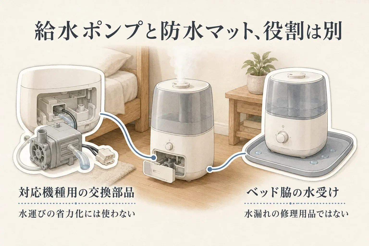 寝室の加湿器まわりで、給水ポンプは対応機種の本体内部に使う交換部品であり、洗面所から水を運ぶ外付け用品ではないこと、防水マットはベッド脇の床で給水時のこぼれや水滴を受ける補助用品で、本体の故障や水漏れ原因は直さないことを対比した図。
