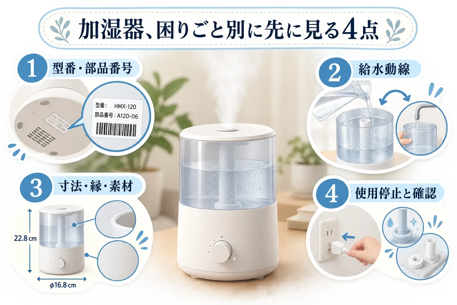 加湿器の困りごと別に先に確認する4点を示した図。1は本体型番・部品番号、2は寝室へ水を運ぶ給水動線、3は防水マットの寸法・縁・素材、4は水漏れ時に使用を停止して取扱説明書を確認することを表している。