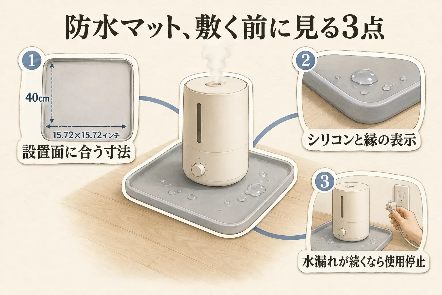 加湿器用防水マットをベッド脇に置く前の確認事項を示した図。加湿器の底面より広い寸法か、縁があってこぼれた水を受けられるか、シリコン素材の表示があるか、ベッドや壁との位置を実測すること、水漏れが続く場合は電源を切って取扱説明書や販売店を確認することを示している。出典：NITE「製品安全情報マガジン：加湿器の事故」。
