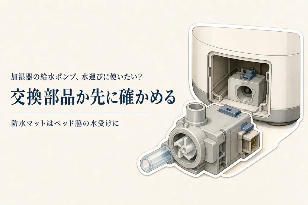 加湿器の給水ポンプと防水マットを比較｜寝室へ水を運ぶ手間とベッド脇の水濡れで選ぶ