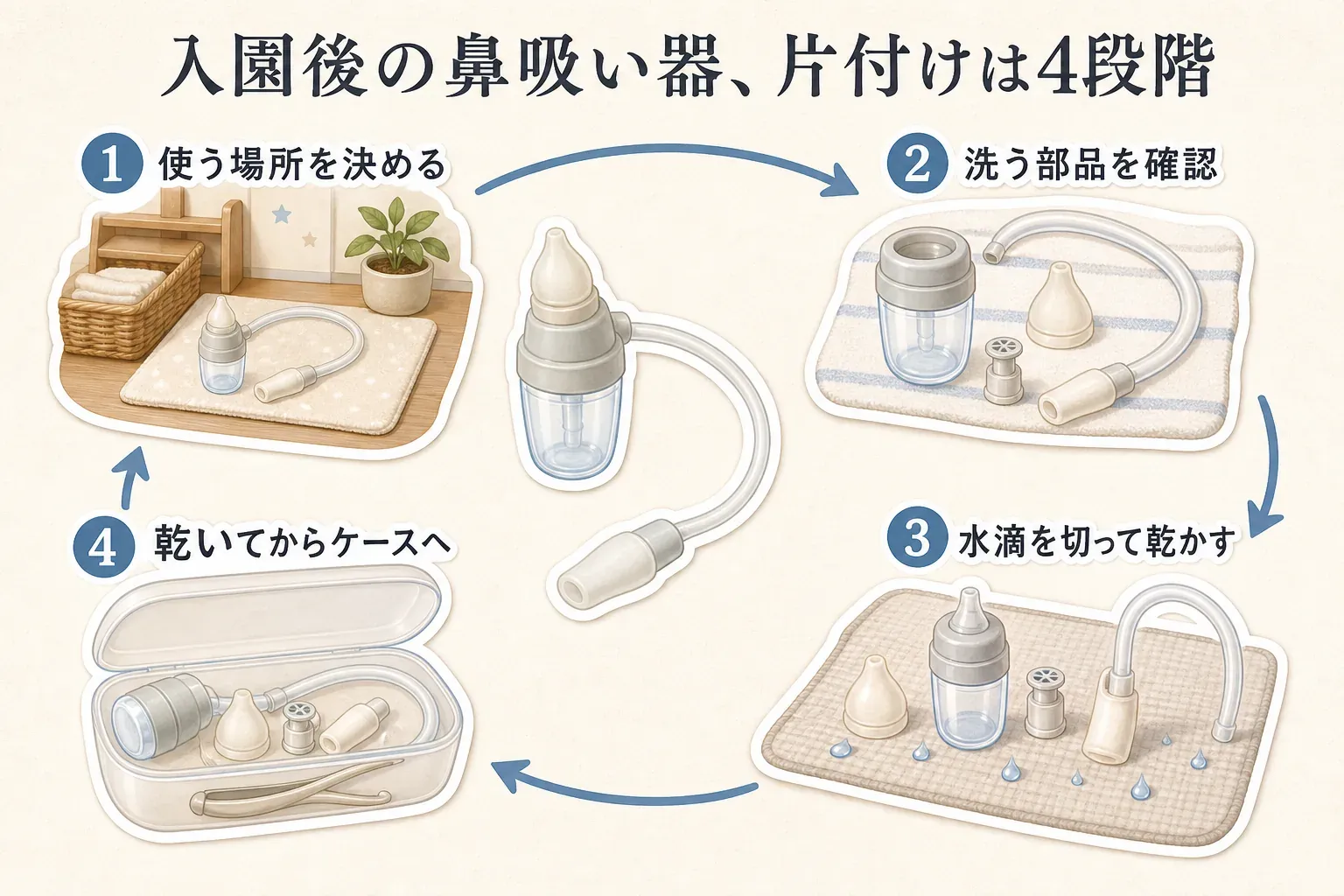 入園後の鼻水吸引器の片付けを4段階で示した図。使う場所を決める、洗う部品を確認する、水滴を切って乾かす、乾いてから本体・ノズル・チューブ・ピンセットをケースへ戻す順で、濡れたまま収納しないことを示している。