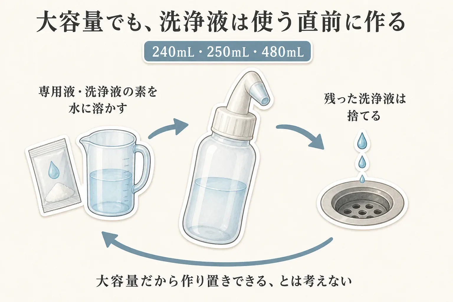 240mL・250mL・480mLの大容量ボトルでも、専用液・洗浄液の素を水に溶かして使用直前に作り、残った洗浄液は捨てる流れを、ボトルと排水口のイラストで示した図。大容量でも作り置きしないよう案内している。