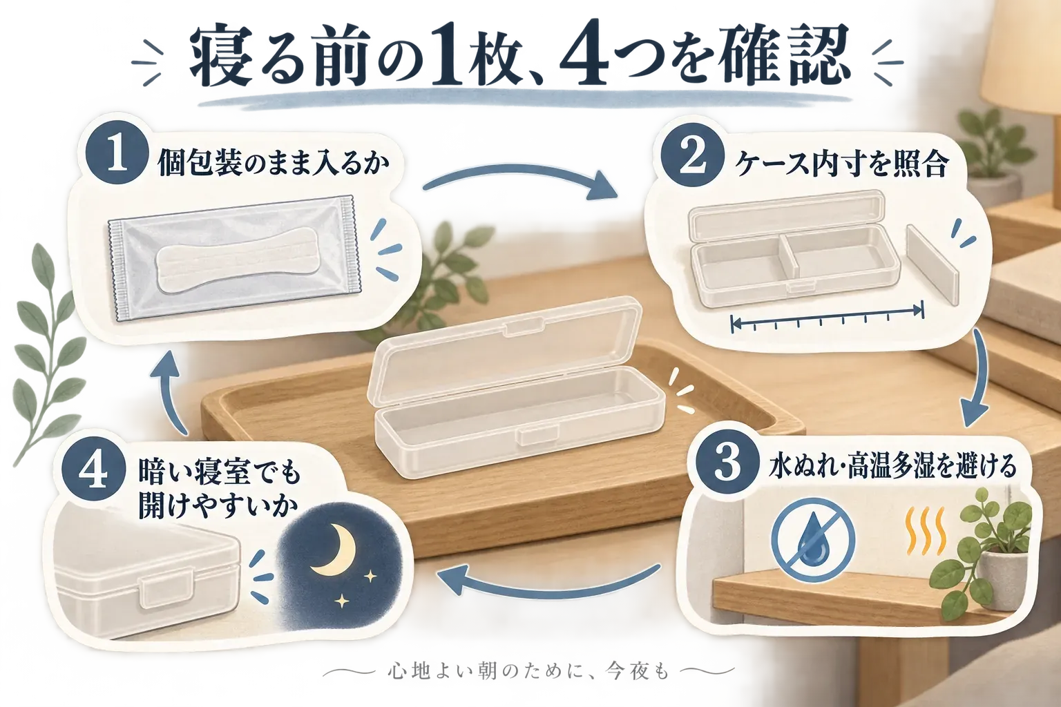 寝る前に鼻腔拡張テープを1枚取り出すために、個包装を折らずに入れられるか、ケース内寸、湿気や水ぬれへの説明、暗い寝室での開けやすさを順に確認する図。