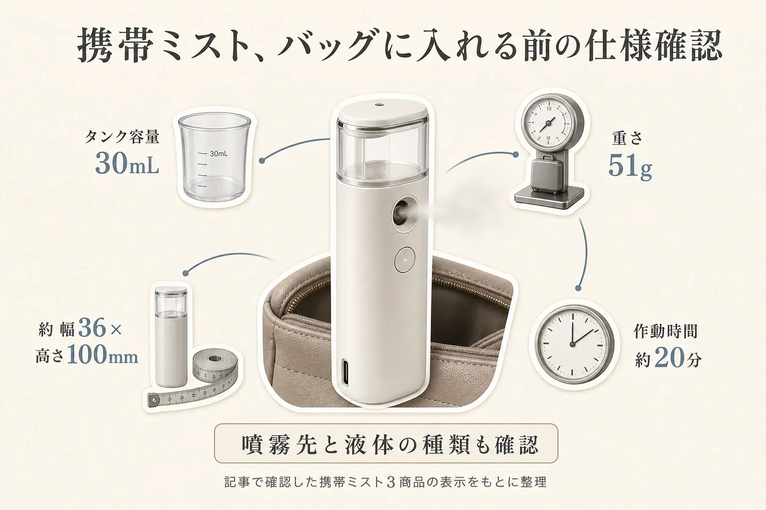 バッグに入れる前に確認する携帯ミストの仕様として、タンク容量30mL、重さ51g、約幅36×高さ100mm、作動時間約20分を、ミスト本体、しずく、はかり、定規、時計、バッグのイラストで示した図。噴霧先と液体の種類も確認するよう案内している。記事で確認した携帯ミスト3商品の表示をもとに整理。