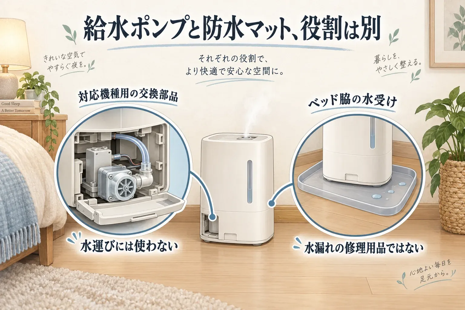 ベッド脇の加湿器準備で、給水ポンプは手持ち本体の型番と部品番号を照合して選ぶ交換部品、防水マットは加湿器の底面と給水時の水滴を受ける床保護用品として、役割の違いを示した図。