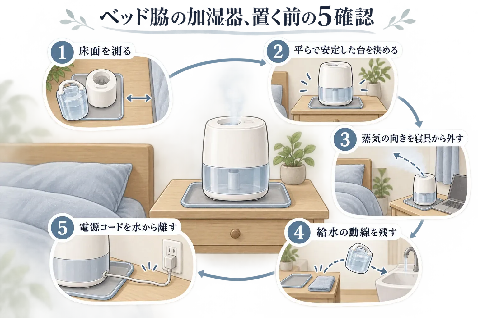 ワンルームで加湿器をベッド脇に置く準備を、床面を測る、平らで安定した場所を決める、蒸気を寝具から外す、給水の動線を残す、電源コードを水から離す順で示した図。