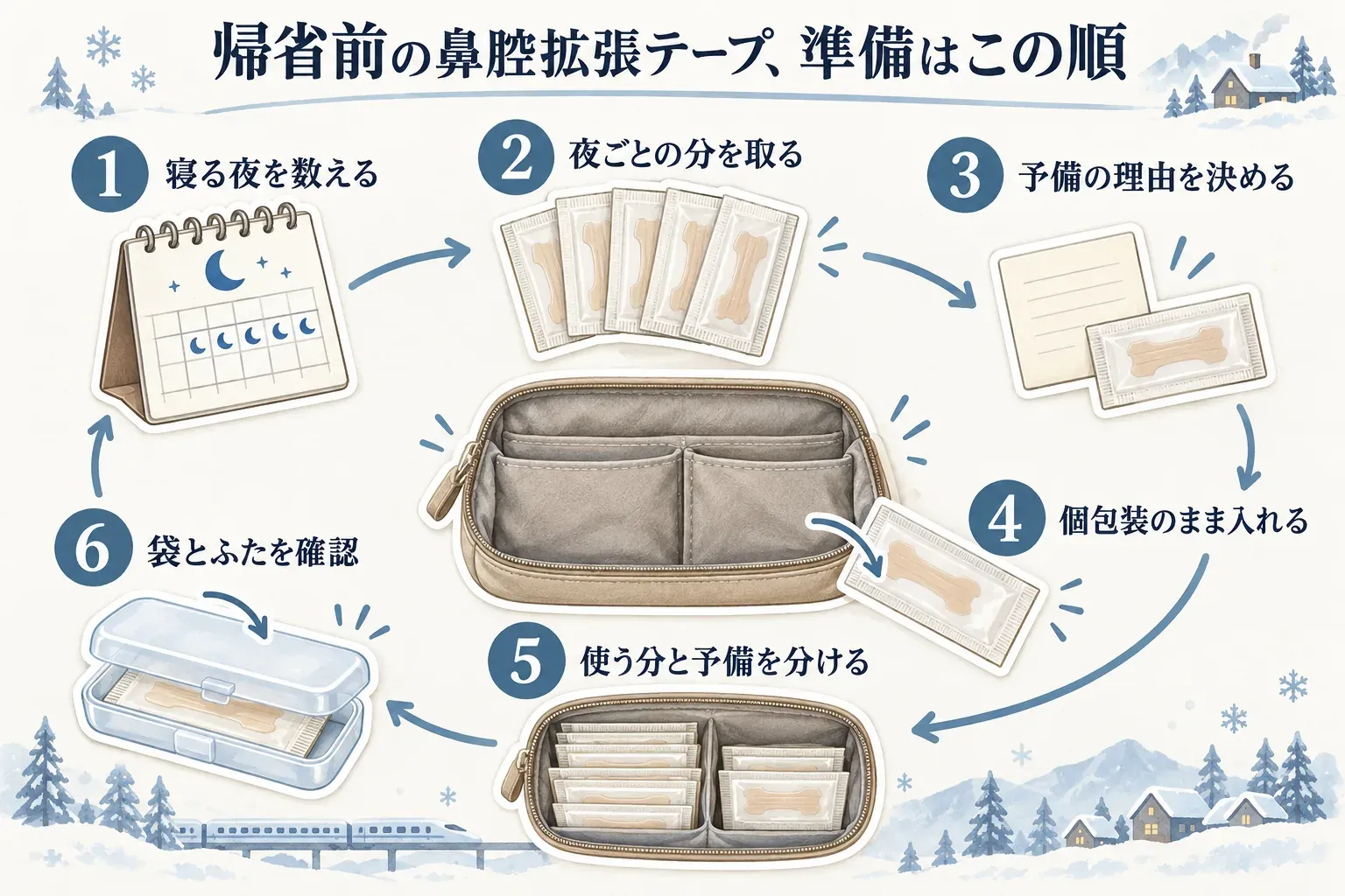 冬の帰省前に鼻腔拡張テープを準備する順を、寝る夜を数える、夜ごとの個包装を取り分ける、予備の理由を決める、個包装のままポーチに入れる、使う分と予備を分ける、ケースの袋とふたを確認する6段階で示した図。