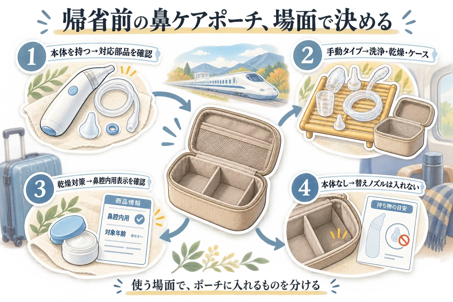 帰省前の鼻ケアポーチを使う場面で決める4つの確認手順。本体を持つ場合は対応部品を確認し、手動タイプは洗浄・乾燥・ケースを準備し、乾燥対策は鼻腔内用表示を確認し、本体がなければ替えノズルを入れないことを、ポーチと鼻水吸引器、部品、保湿用品のイラストで示した図。