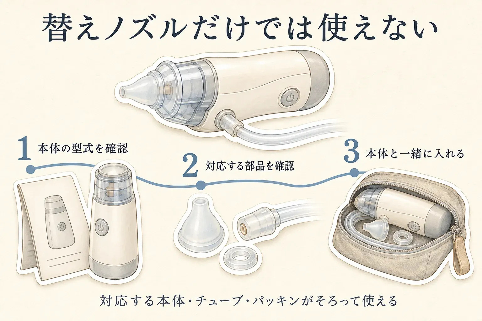 替えノズルだけでは使えず、本体の型式を確認し、対応するノズル・チューブ・パッキンを確認してから本体と一緒にポーチへ入れる3段階を、電動鼻水吸引器、取扱説明書、部品、ポーチのイラストで示した図。対応する本体・チューブ・パッキンがそろって使えることを明記している。