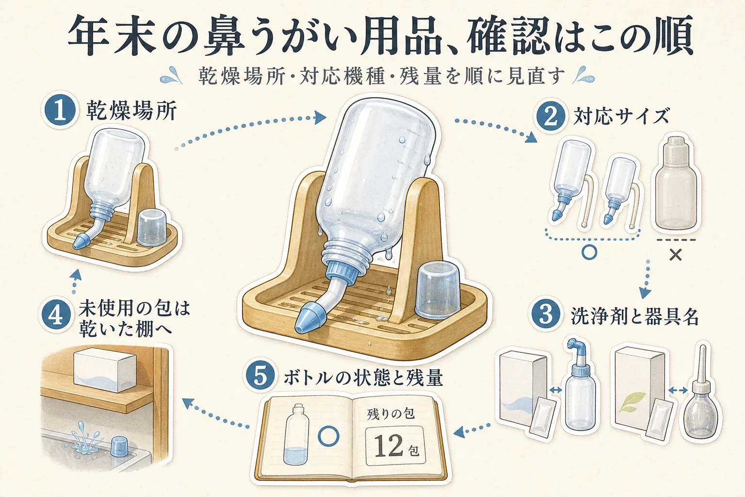 年末の鼻うがい用品を、乾燥場所、対応サイズ、洗浄剤と器具名、未使用の包の保管場所、ボトルの状態と残量の順に確認する流れを示した図。洗浄後のボトルはスタンドで乾かし、未使用の包は乾いた棚に置く様子を描いている。