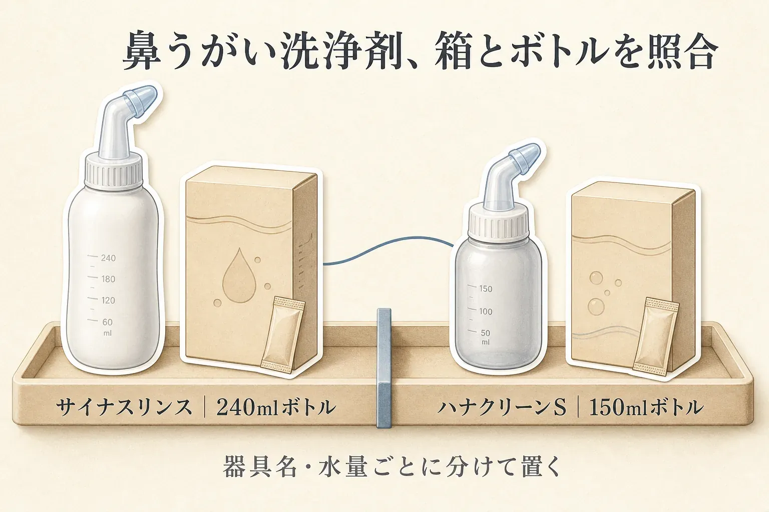 鼻うがい洗浄剤は箱とボトルを照合し、サイナスリンスの240mlボトル用とハナクリーンSの150mlボトル用を、器具名と水量ごとに分けて置くことを示した図。